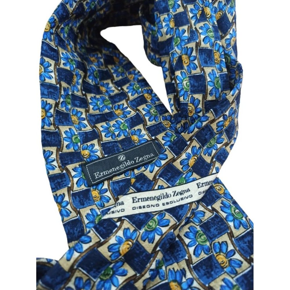 ERMENGILDO ZEGNA Blue Geometric Floral Silk Tie ITALY 59"/ 4"  EC - Picture 3 of 7